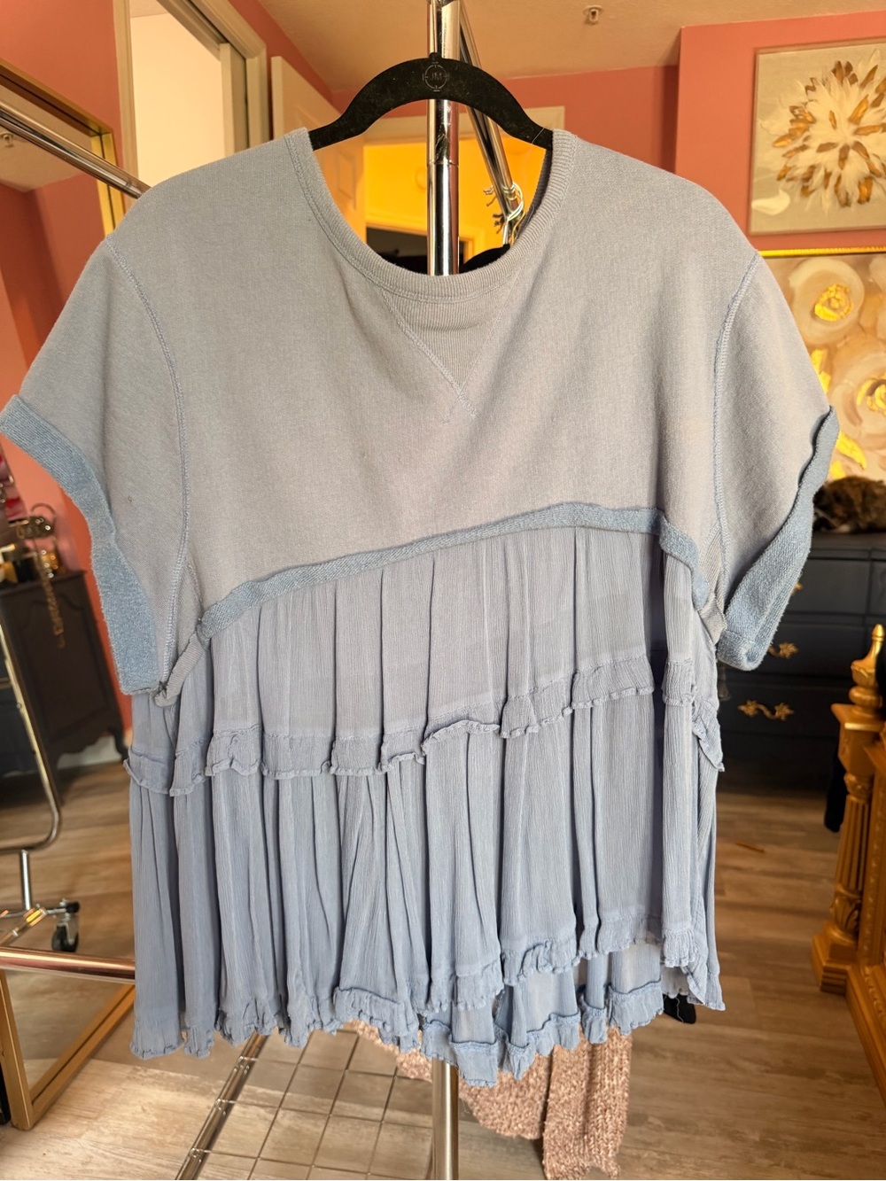 Light Blue Short Sleeve Pleated Peplum Top - Women